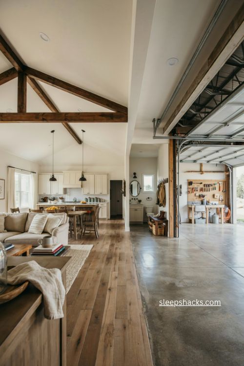 rv garage barndominium floor plan with oversized attached workshop bay and open living space 