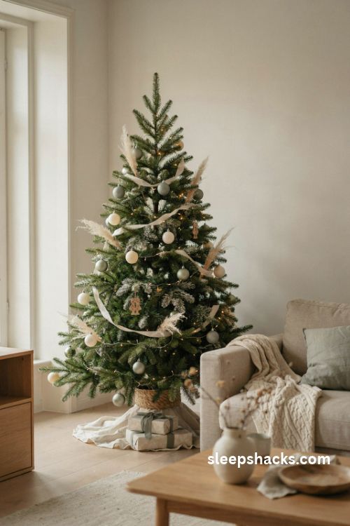 sage green and cream christmas tree with matte ornaments and cozy neutral living room decor