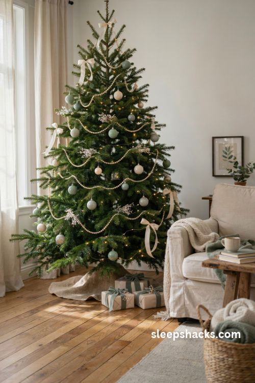sage green and pearl christmas tree decor with ivory ribbons and elegant winter ornaments
