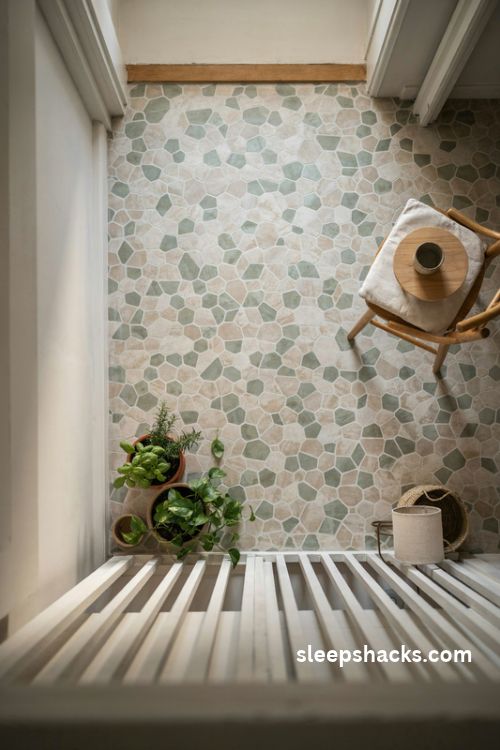 sage green and warm white hexagon tiles for a charming small balcony floor