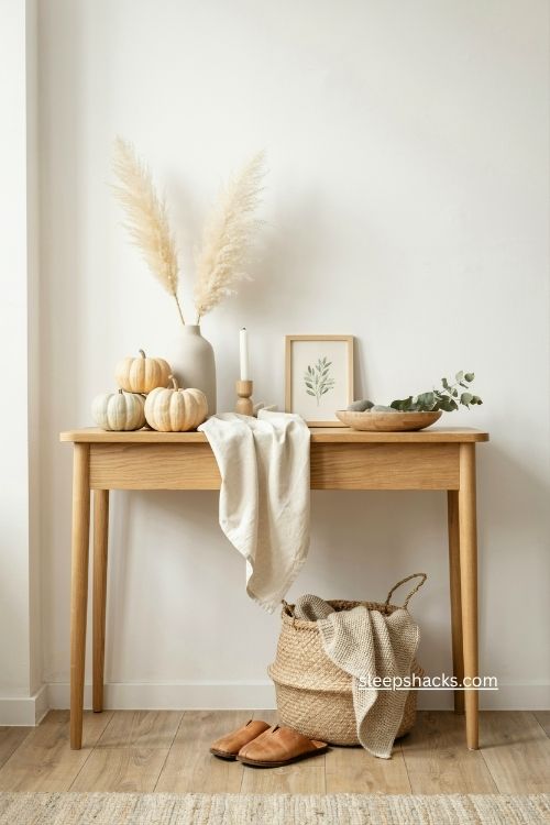 scandinavian fall entry table decor with white pumpkins and light wood