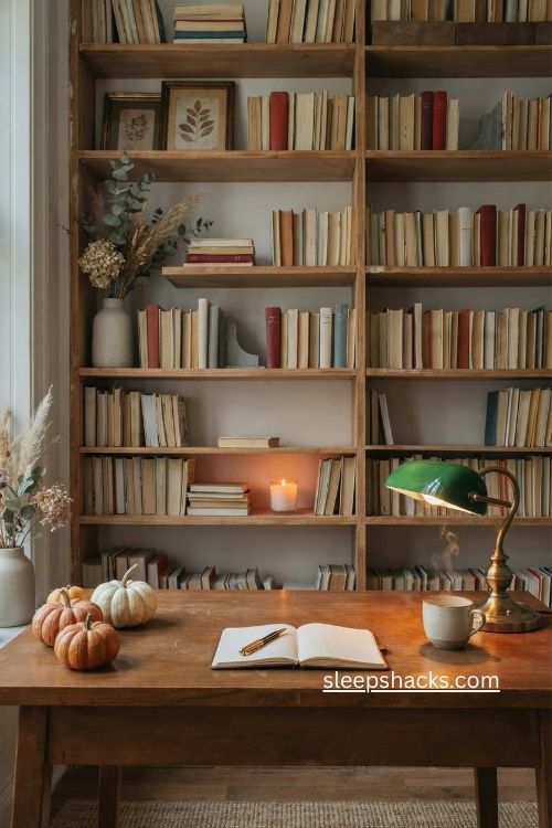 seasonal office bookshelf decor with cozy autumn accents