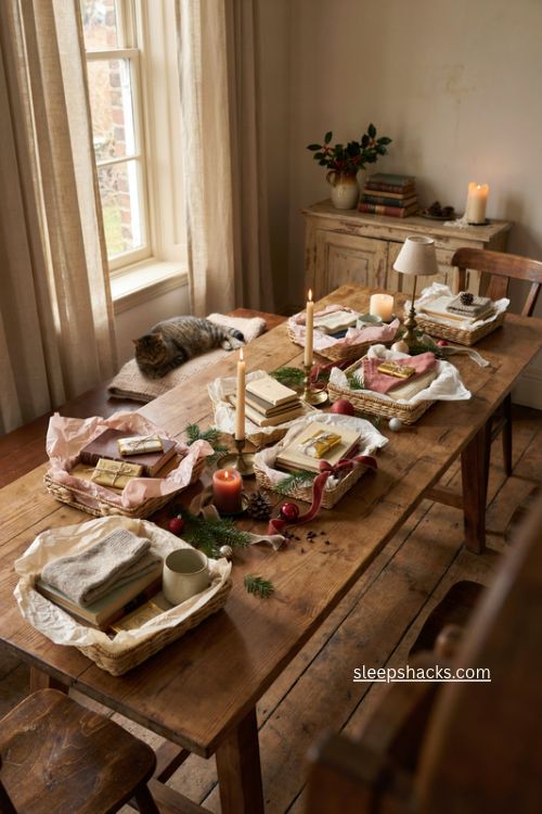 secret santa book baskets christmas party ideas with cozy gifts tea candles and novels 
