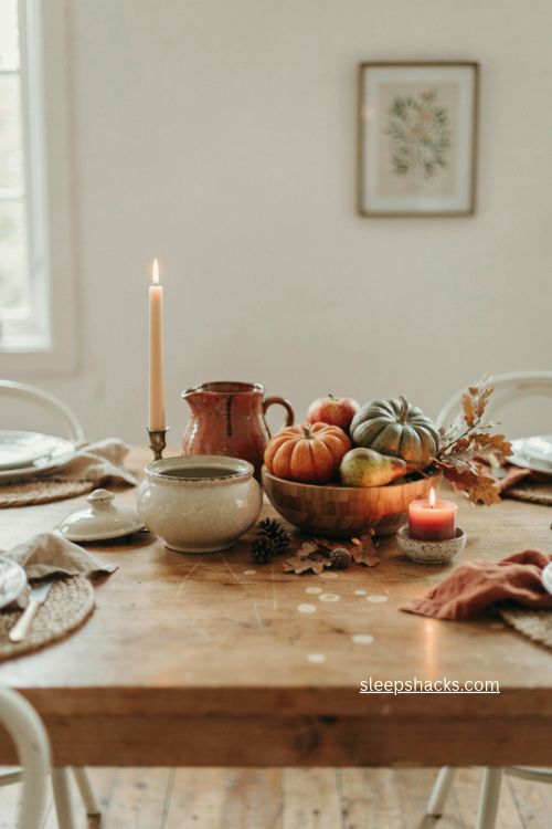 simple fall centerpiece with wooden bowl pumpkins pitcher candles and autumn decor 