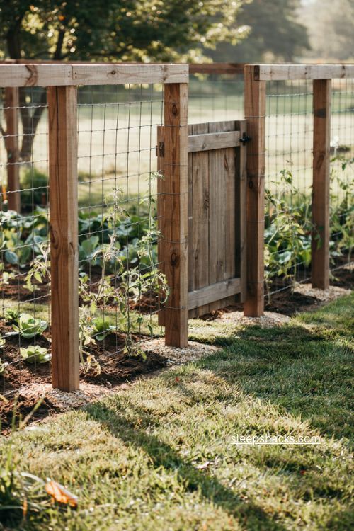 simple garden fence with cedar posts and galvanized wire