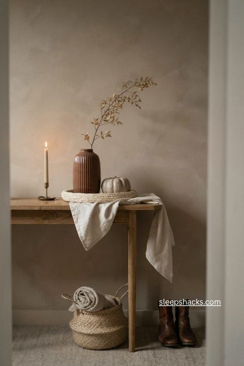 single color fall entry table decor with textured neutral accents 