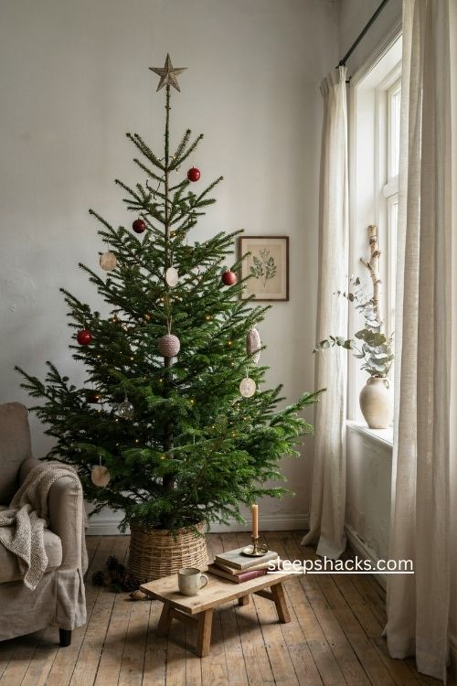 slim alpine fir christmas tree with scraggly branches in cozy cottage living room 