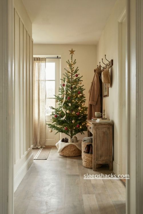 slim pencil christmas tree for small entryway with woven basket collar 