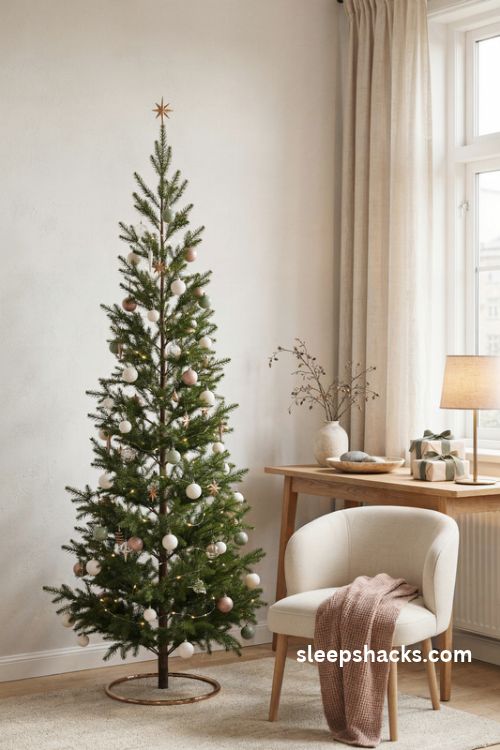 slim pencil christmas tree in a narrow corner with sage green and blush ornaments