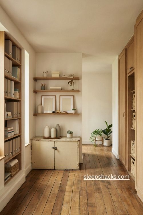 small business office nook storage with open shelving slim bookcase plants and organized corners 