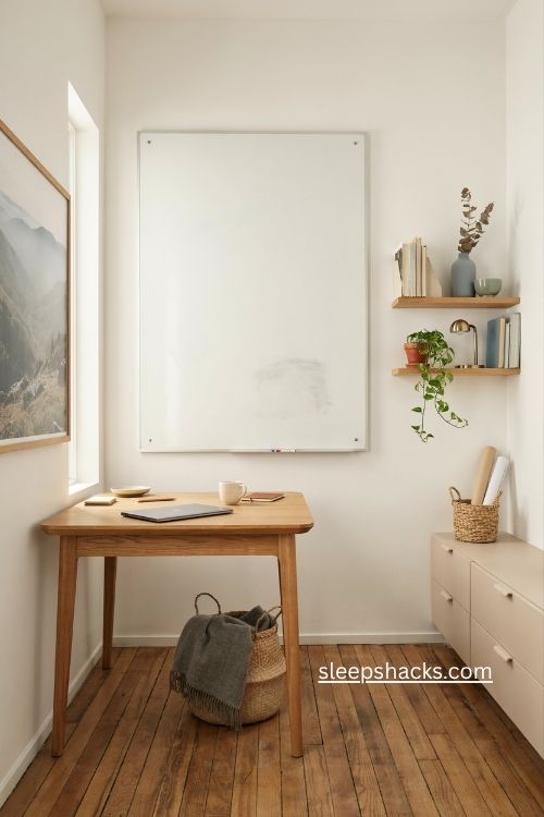 small business office with functional whiteboard wall floating shelves and large nature artwork 