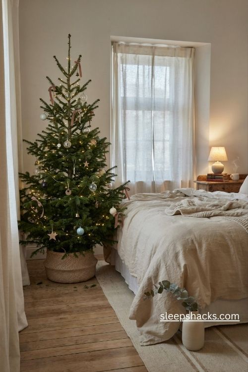 small christmas tree in a cozy bedroom corner with soft fairy lights, cream linen bedding, and warm cottage decor