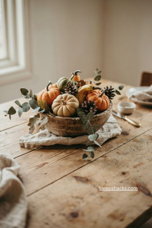 small dough bowl with mini pumpkins gourds pinecones and greenery fall centerpiece 