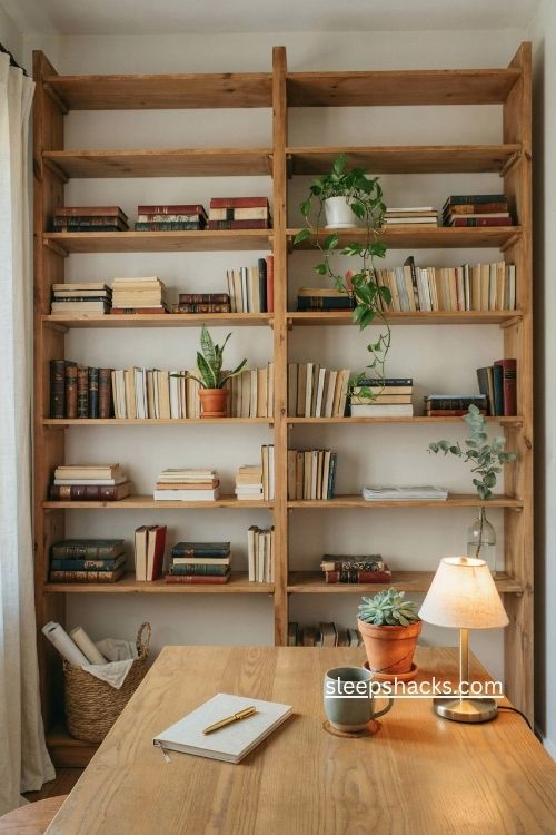 small indoor plants for cozy office bookshelf decor