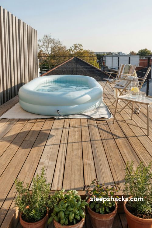 small inflatable pool on a safe rooftop deck or reinforced balcony retreat