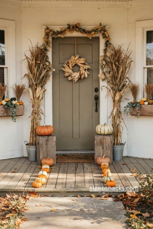 small rustic fall porch with cornstalks leaf garland pumpkins and window box gourds 