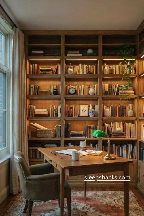 soft warm lighting for cozy office bookshelf decor