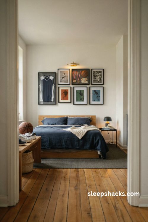 sports memorabilia display wall for older boys bedroom with framed jerseys and medals