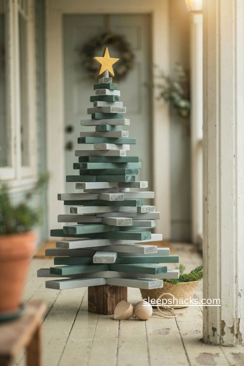 spray painted stacked 2x4 Christmas tree diy sage green rustic porch holiday decor 