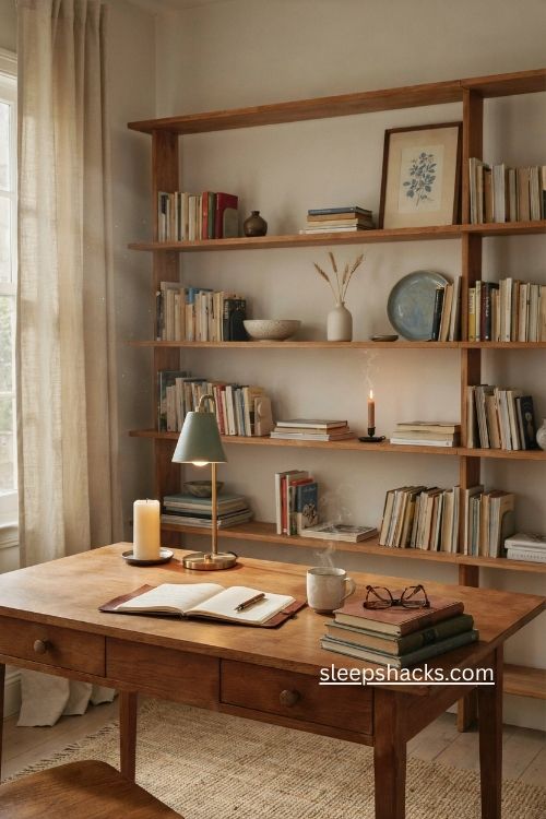 stack books horizontally and vertically for cozy office shelves