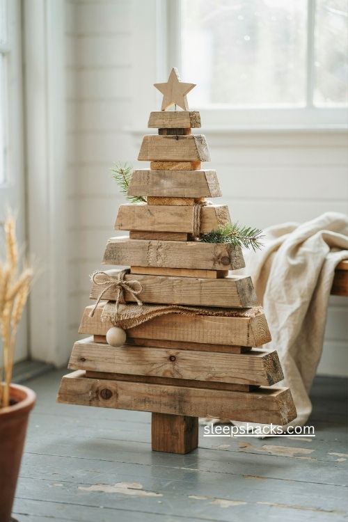 stacked scrap wood 2x4 Christmas tree diy rustic farmhouse holiday porch decor 