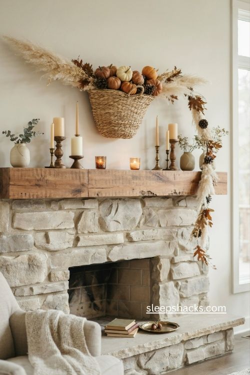 statement thanksgiving mantel with oversized gourds dried garland and rustic accents 