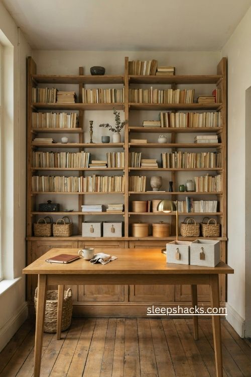 stylish boxes and baskets for tidy office bookshelf decor