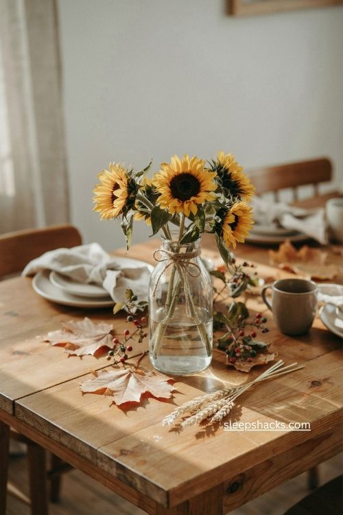 sunflower fall centerpiece with clear vase maple leaves and rustic table decor 