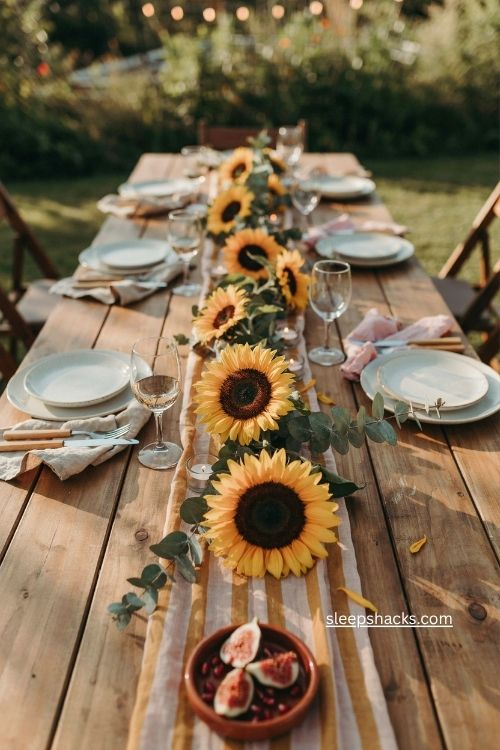sunflower fall table centerpiece with eucalyptus tea lights and mustard runner 