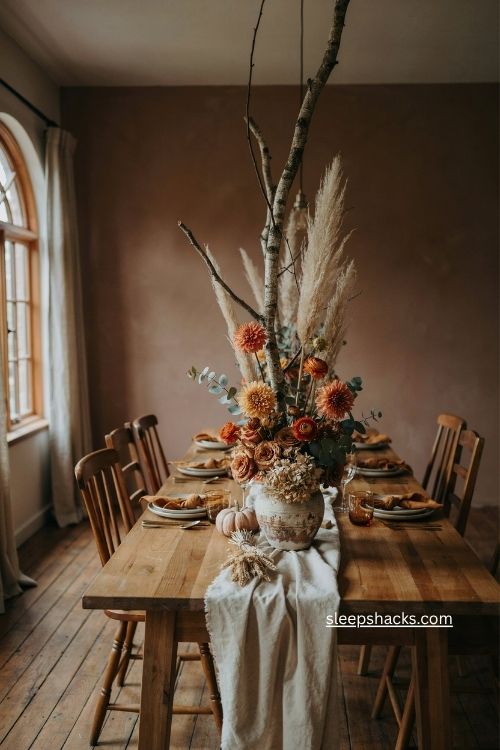 tall fall floral centerpiece with orange and gold flowers for high ceiling dining room 