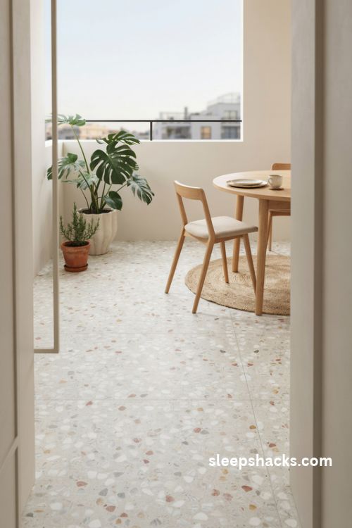 terrazzo look porcelain tiles with blush and gray speckles for a modern balcony floor
