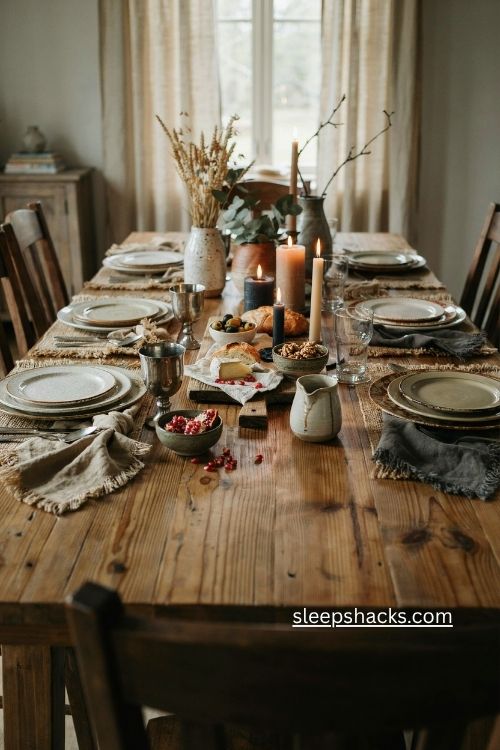 textured pottery and linen thanksgiving table with earthy wabi sabi layers 