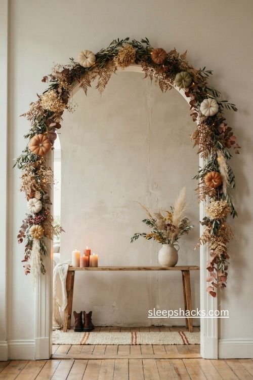 thanksgiving entryway garland with rust leaves pumpkins and warm lights 
