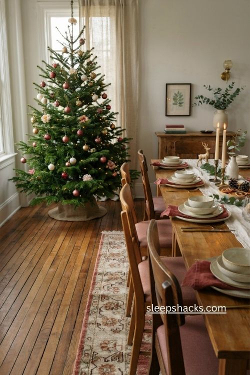 traditional spruce christmas tree with simple ornaments in cozy dining room 