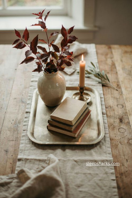 tray with burgundy branches candle and old books simple fall table centerpiece 