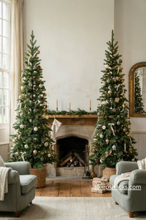 two matching christmas trees beside a cozy fireplace with simple mantel decor and warm glowing lights