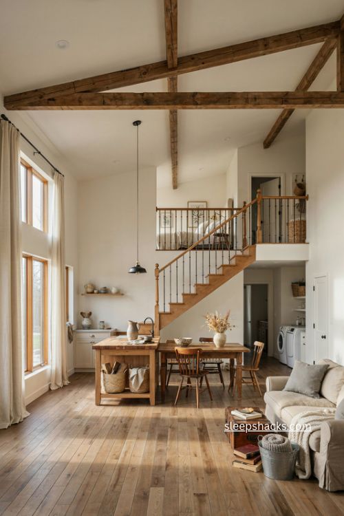 two story family barndominium floor plan with four upstairs bedrooms and open kitchen 