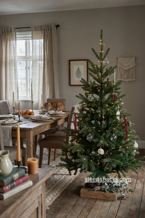 unlit sparse christmas tree with warm white lights in cozy dining room 