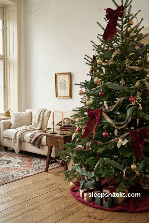 velvet christmas tree bows with rich red green and gold ribbons for luxurious holiday decor