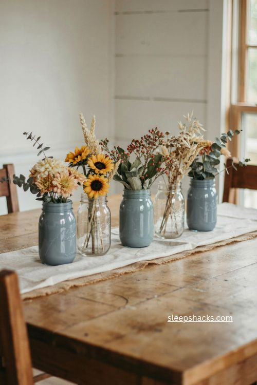 vintage blue mason jars with mums sunflowers wheat and berries fall table centerpiece 