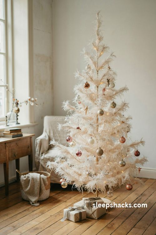 vintage feather christmas tree with delicate glass baubles tiny birds and elegant antique ornaments