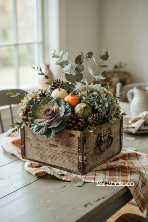 vintage wooden crate filled with gourds eucalyptus cabbage hydrangeas and pinecones fall centerpiece 