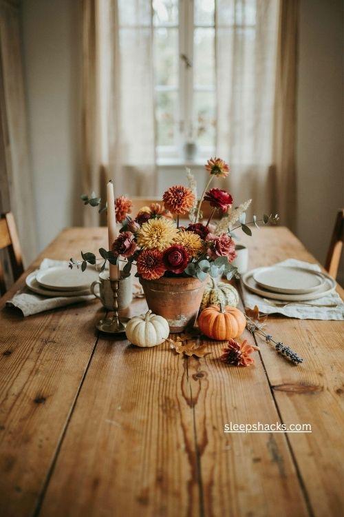 warm fall floral centerpiece with yellow orange red flowers and terracotta pot 