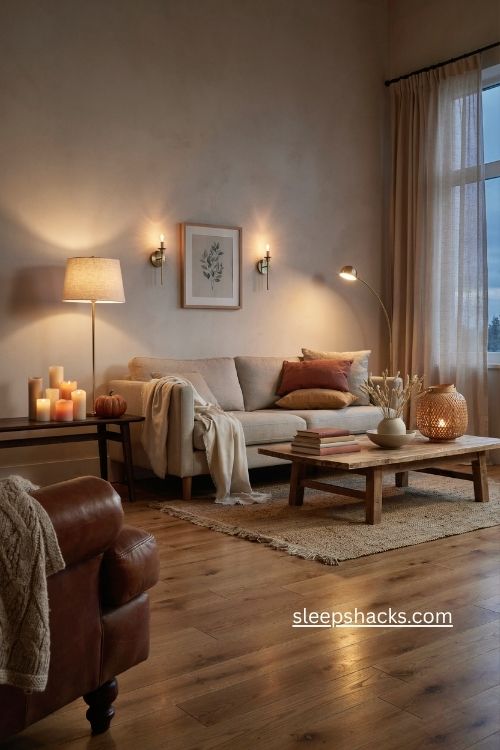 warm layered lighting with lamps lanterns and candles for thanksgiving decor 