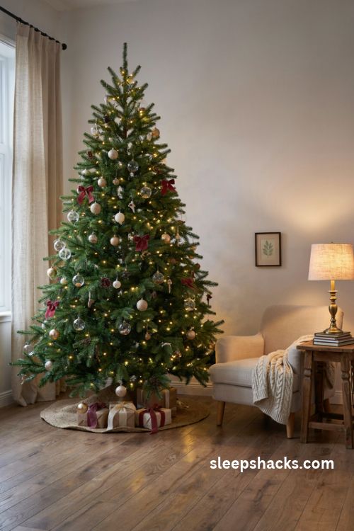 warm white christmas tree lighting with glowing branches vintage ornaments and cozy living room decor