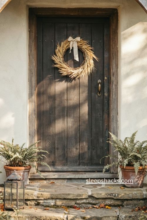 wheat wreath fall porch with golden dried wheat dark door and ferns 
