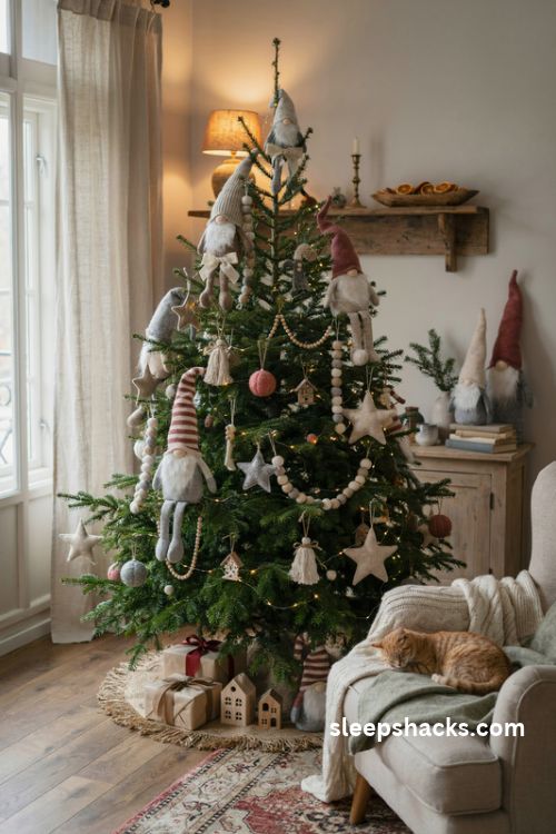 white and gold christmas tree with pearl garlands sheer ivory ribbons and warm winter lights