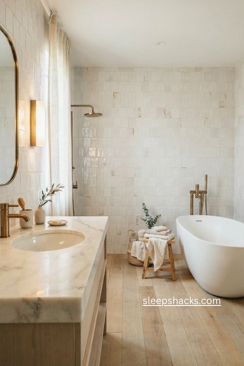 white bathroom with brushed brass fixtures and gold framed mirror 