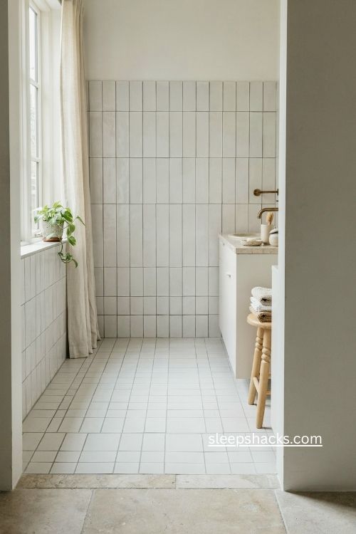 white bathroom with contrasting gray grout and classic tilework 