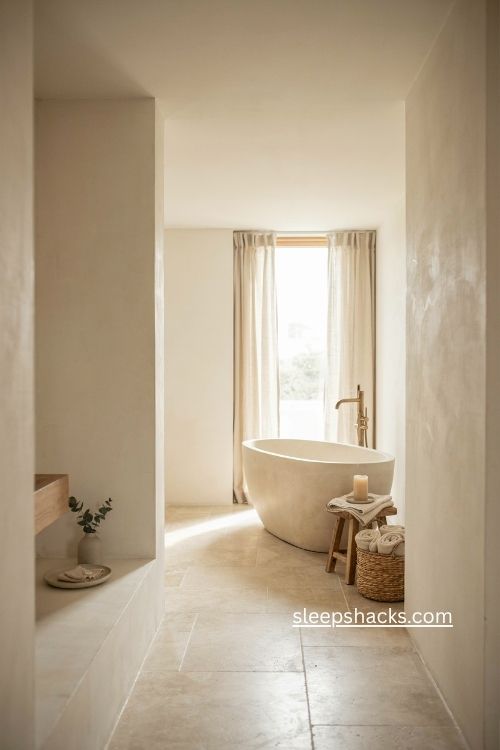 white bathroom with freestanding tub brass filler and natural light 